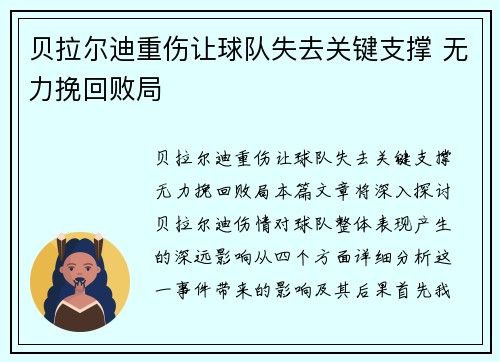 贝拉尔迪重伤让球队失去关键支撑 无力挽回败局